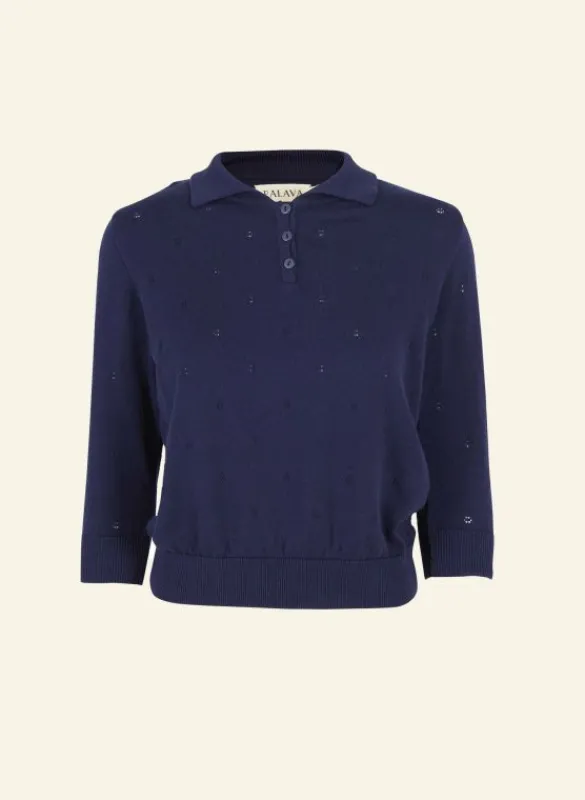 Sale Aila Knitted Cotton Top - Navy Tea Towels