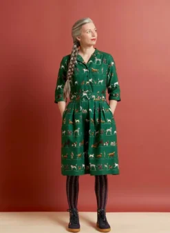 Clearance Cynthia Dress - Green Porcelain Dogs Women Dresses | Tea Towels