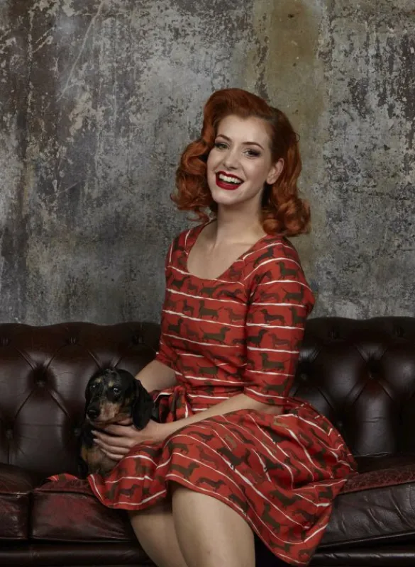 Store Elsie Dress - Rust Sausage Dog Women Dresses | Tea Towels