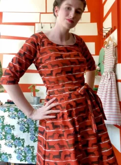 Store Elsie Dress - Rust Sausage Dog Women Dresses | Tea Towels