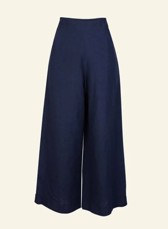 Cheap Josephine Trousers - Navy Linen Women Trousers | Tea Towels
