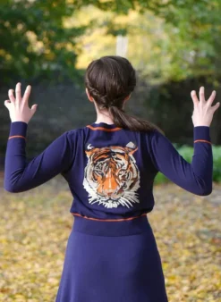 Outlet Vera Cardigan - Navy and Rust Embroidered Tiger Women Knitwear